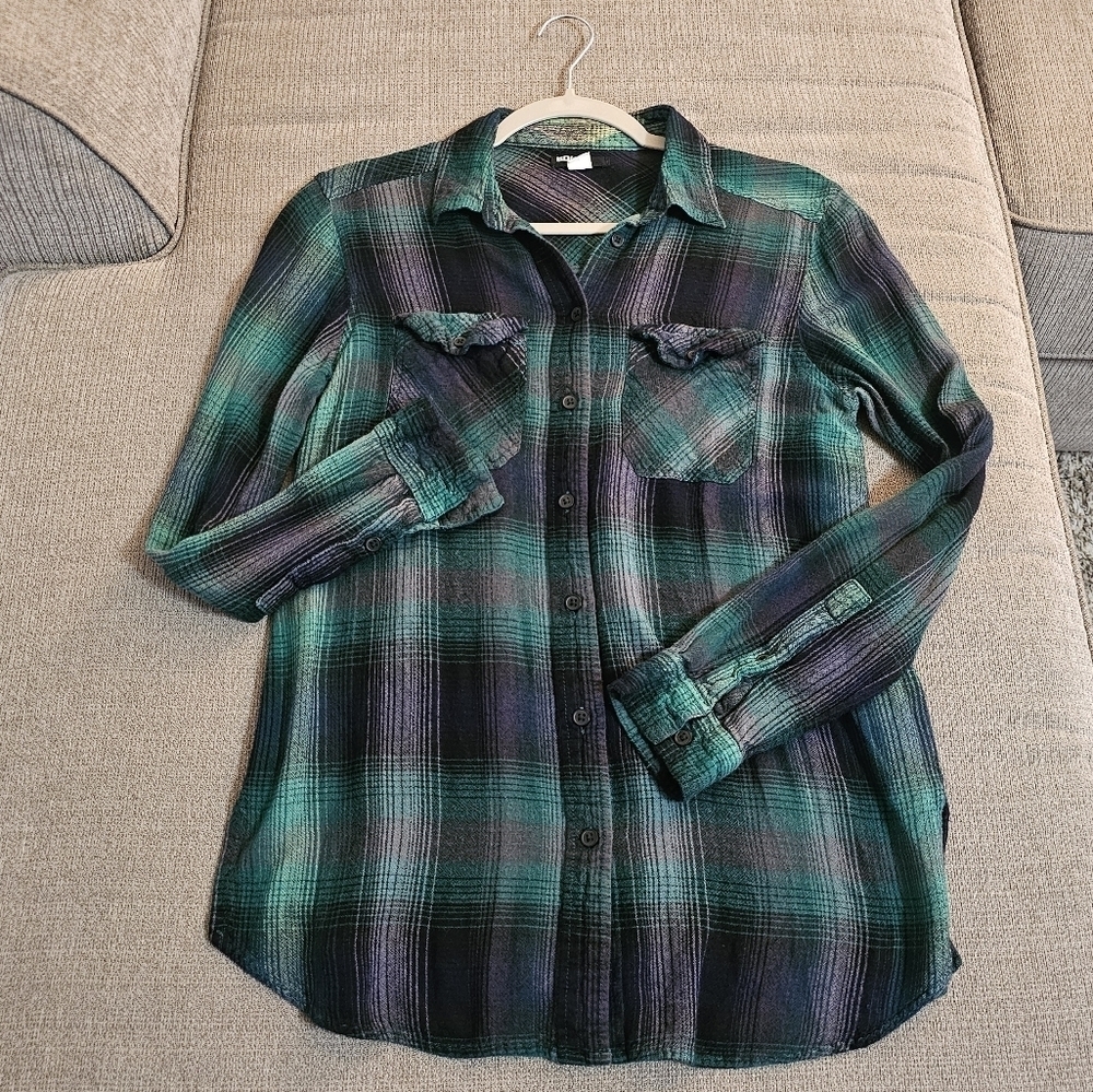 BDG Green Black Flannel Plaid Button Casual Relaced Top Shirt Size Small